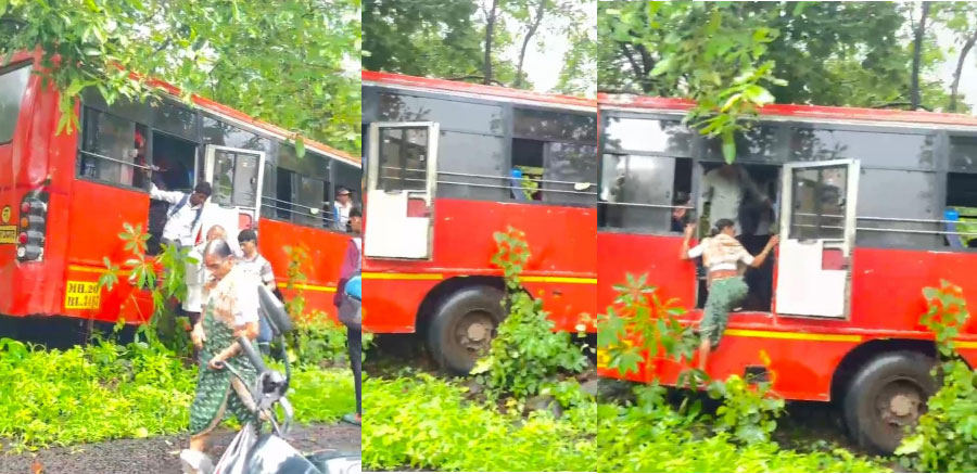 एसटी बस चिखलात घसरून झाडावर आदळली